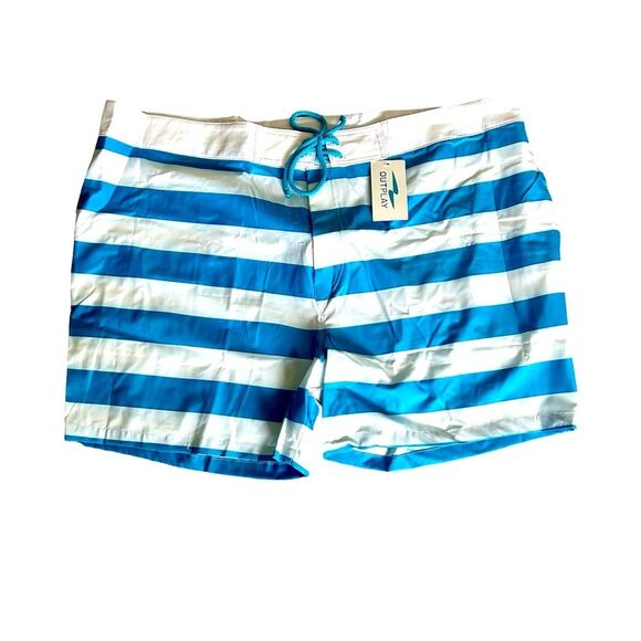 Outplay Unisex Board Shorts Blue White Striped Swim Shorts Size XL Tie Waist NWT - Picture 1 of 9